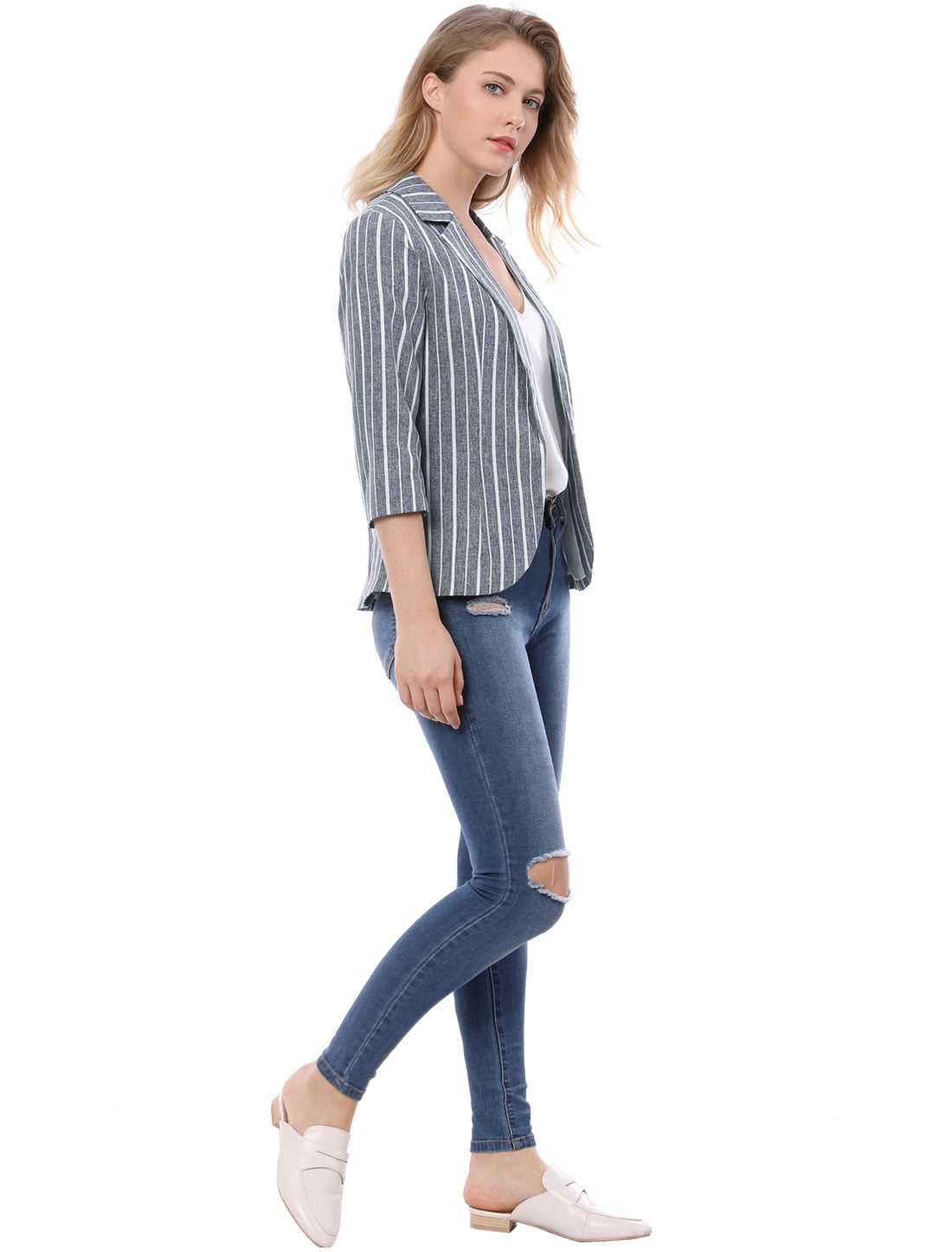 DARING DIVA Women's Striped Open Front Notched Lapel Blazer S Blue