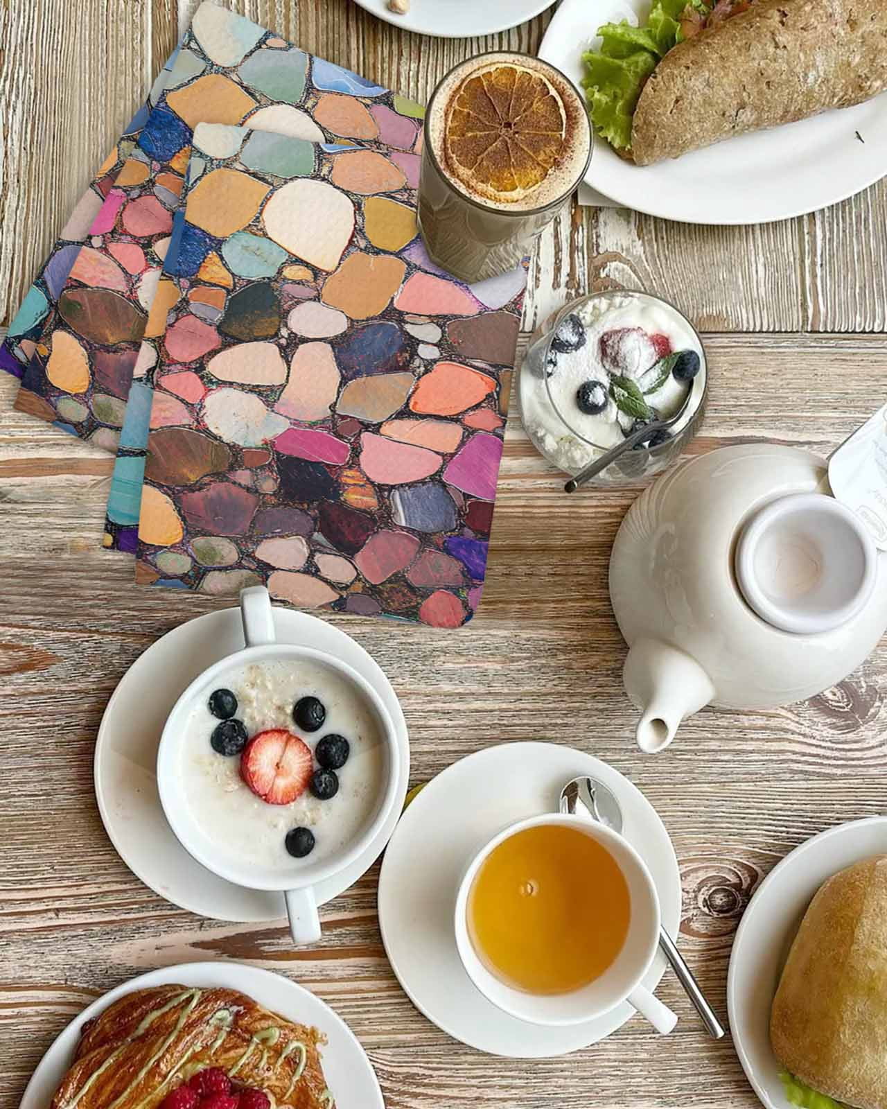 Colorful Stone Hand Towels Set,Waffle Weave Kitchen Towels 2 Pieces,Microfiber Hair Face Bath Tea Towel Absorbent Quick Drying Cleaning Dish Cloths,Rainbow Abstract Oil Painting Brushwork 15.7"x23.6"