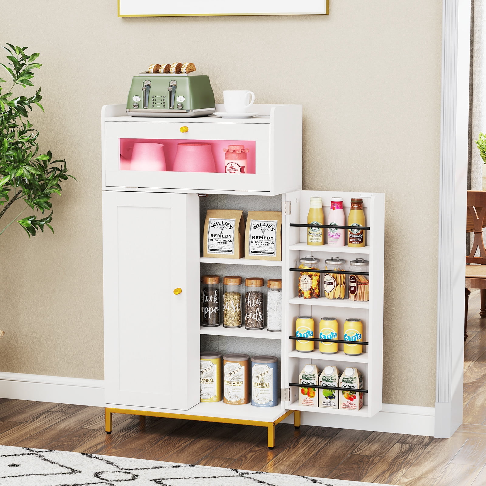 Patiojoy Pantry Cabinet w/Charging Station Kitchen Food Cabinet w/LED Light