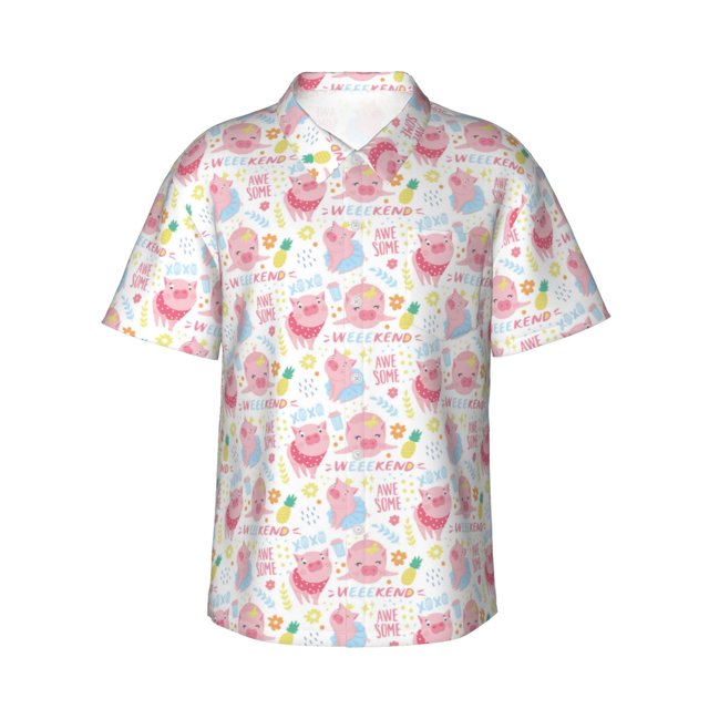 Fotbe Cute Pig Camisa Hawaiana para Hombre Unisex – Camisa Casual de Verano con Botones de Manga Corta de Algodón y Lino,Medium