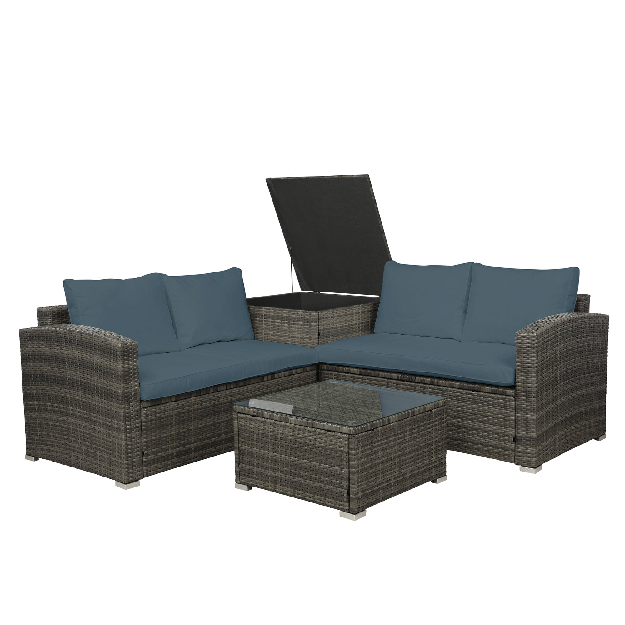 Outdoor Patio Furniture Sets Clearance, SEGAMRT 4-Piece Wicker Conversation Furniture Set w/ Seat Cushions & Tempered Glass Dining Table, Wicker Sofa Sets for Porch Poolside Backyard Garden, S13098
