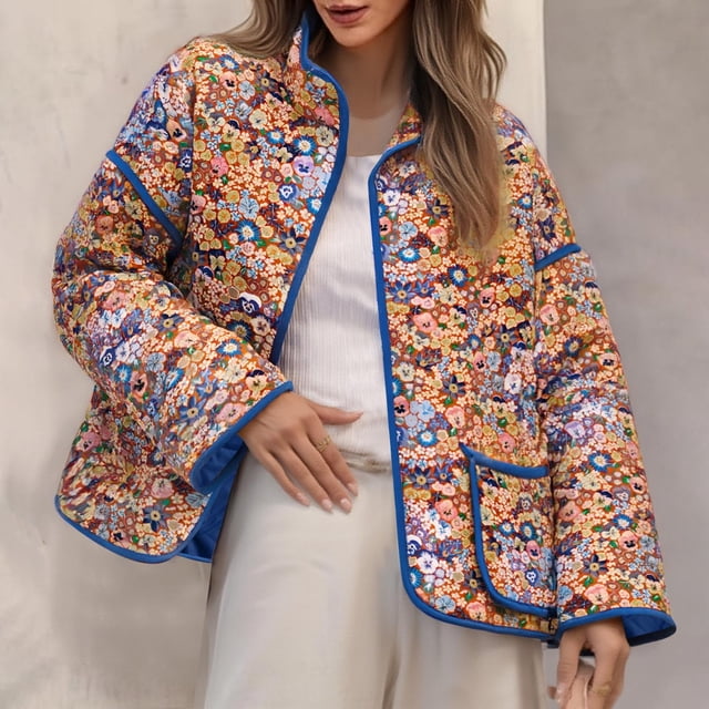 NJDVHB Parkas d'Hiver à Manches Longues pour Femmes, Veste Décontractée à Fleurs Sans Capuche
