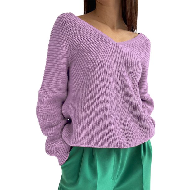 Gibobby Suéter de invierno para mujer, Suéter de punto acanalado para mujer, estilo informal, de otoño, de manga larga, con cuello en V, para otoño(Morado,CH)