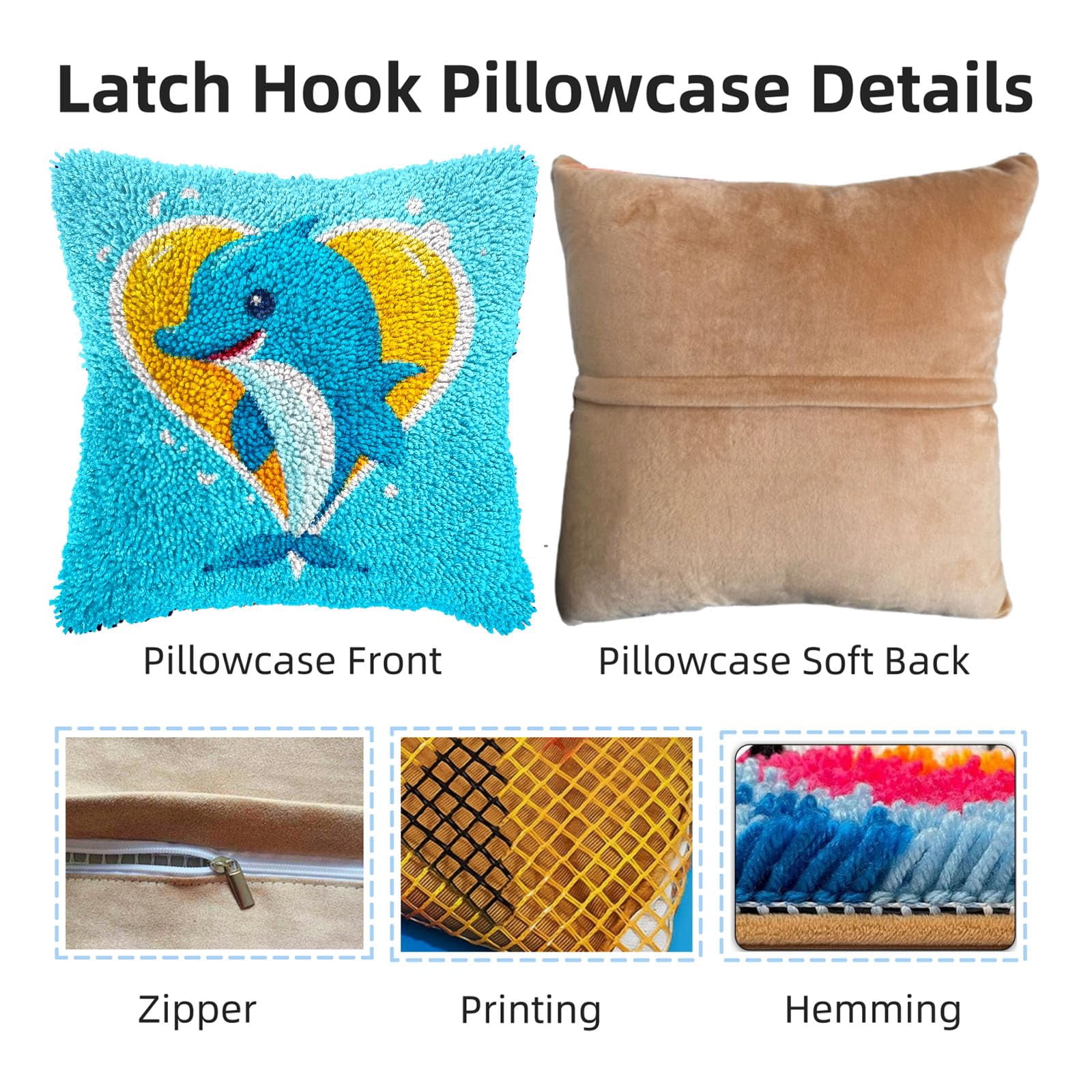 Cartoon Cute Dolphin DIY Latch Hook Pillow Kits for Adults Printed Pillowcase Crochet Yarns Hooking Handmade Pillow Cover Cushion for Home Sofa Decoration 17x17inch(1)