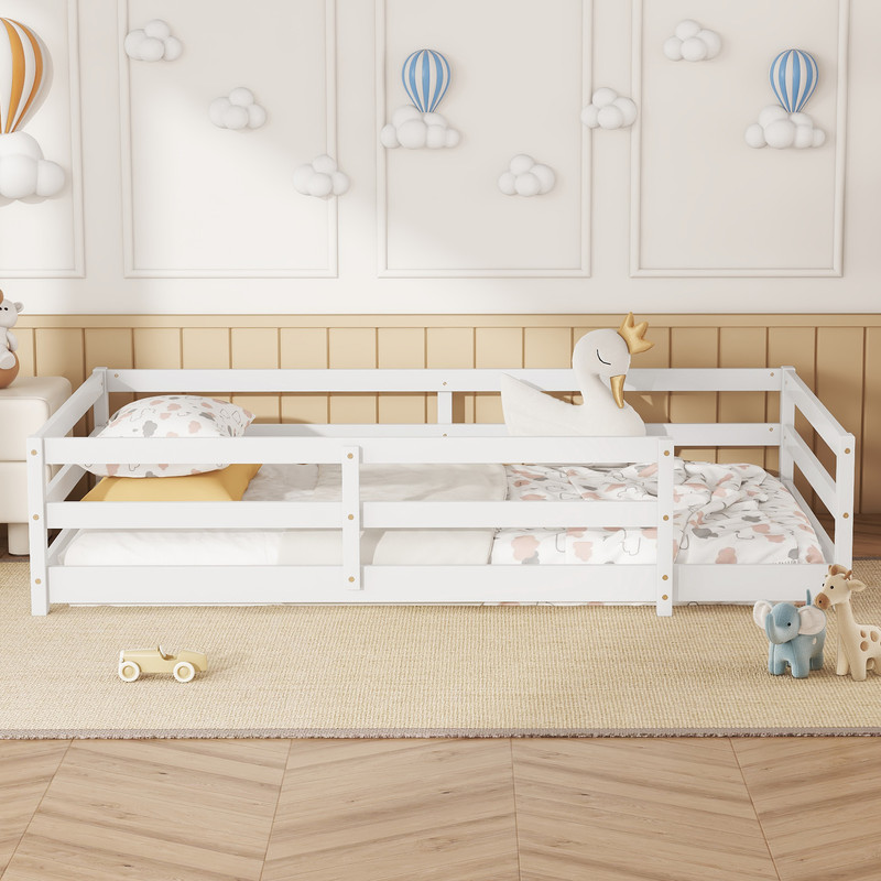 Bellemave Twin Montessori Bed with Rails, Wood Twin Size Floor Bed Frame with Fence, Low to Ground Bed Frame with Safety Guardrails - White
