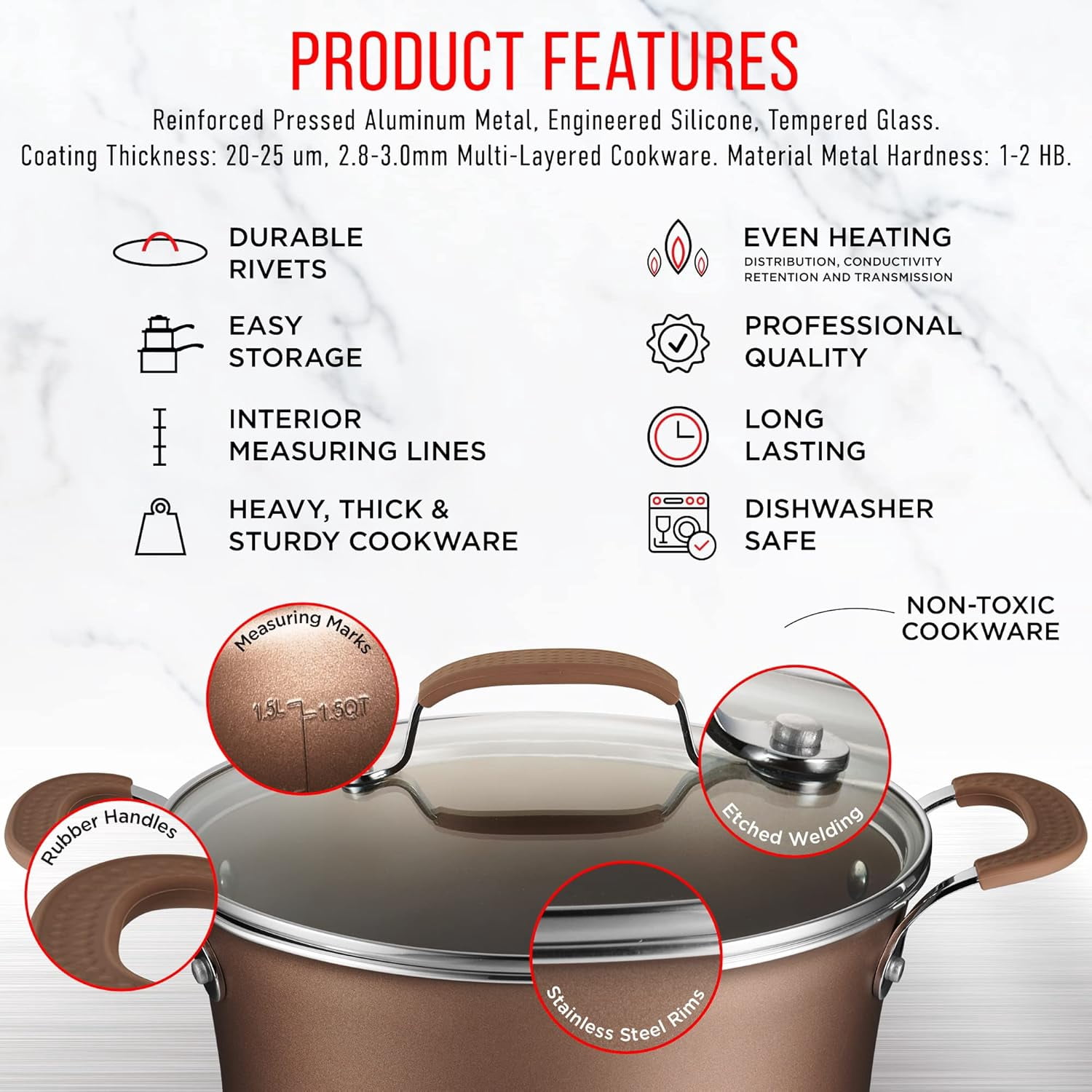 Bakken- Swiss Pots and Pans Set – 14 Piece – Non-Stick Professional Home Kitchenware – Cooking Pots with Lids – Suitable for Gas, Electric, Ceramic and Induction Counter Cooktops - Golden