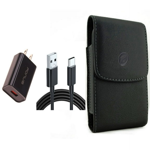 18W Fast Home Charger & Case Belt Clip for iPhone 15 Pro - 6ft Long USB-C Cable Type-C Cord USB Wall Adapter Power Wire and Leather Holster Cover Pouch V4O for iPhone 15 Pro (6.1")