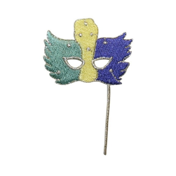 ID 3403 Face Mask On Stick Patch Mardi Gras Disguise Embroidered IronOn Applique
