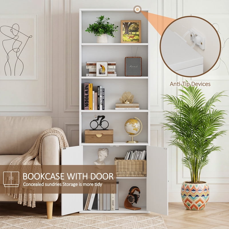 Walsunny Bookcase with Doors, 6-Tier Bookshelf with Storage, Farmhouse Bookshelves with Cabinet, Storage Display Shelf for Living Room Home Office, White