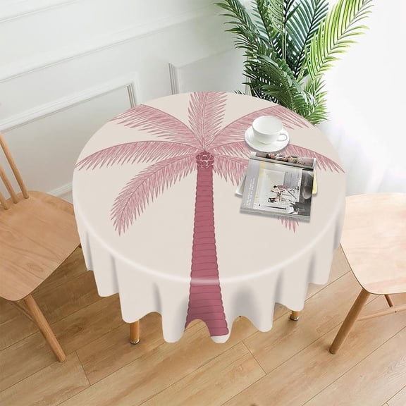 GooTPa 60 Inch Round Tablecloth, Single Palm Tree Pink Line Premium Polyester Straight Edge Wrinkle Resistant Washable Table Cover for Home Dining Party Decor