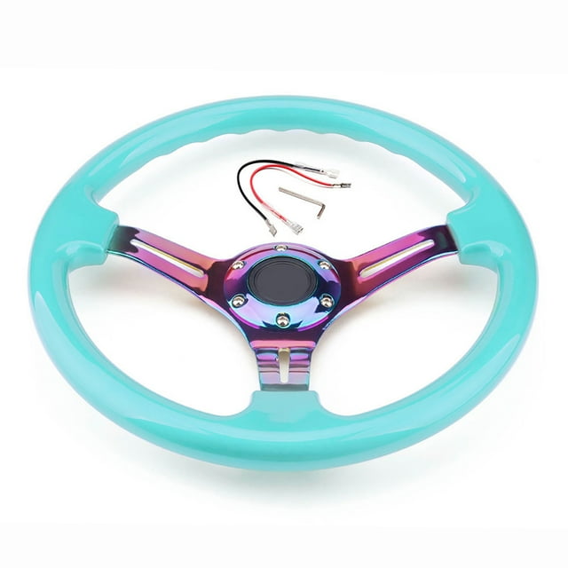 Qiaoxi 350mm 14" Racing Sport Steering Wheel 6 Bolts 3 Spoke Slotted Center Colorful Frame Steering Wheel With Horn Button