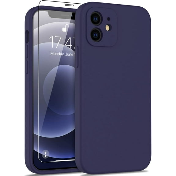 Compatible with iPhone 12 Case with Screen Protector - Silky Silicone - Enhanced Camera Cover - 16ft Drop Tested - Slim Fit Protective Phone Case for Women Girls 6.1" - Dark Blue