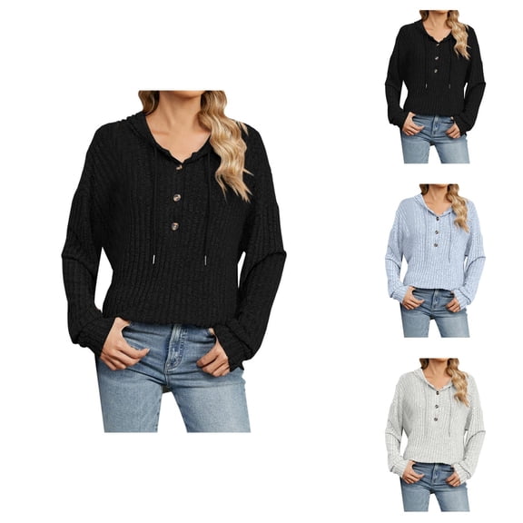 Plain Pullover Hoodies for Women 2025 Fall Winter Long Sleeve Button Ribbed Hooded Sweatshirt Pullover Tops