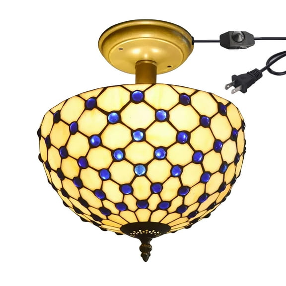 Kiven 11.8in Flush Mount Ceiling Light Fixture Dimmable, 2-Light Anti Glare Close to Ceiling Light with 15FT Plug-in Cord, Tiffany-Style Glass Chandelier for Bedroom Kitchen Hallway(No.3187)