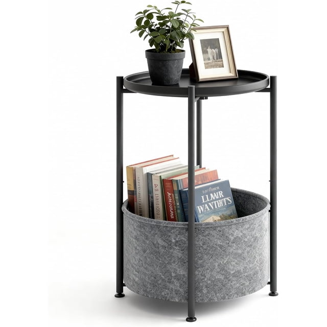 Small Round Side Table, Modern End Table with Fabric Basket, Collapsible Night Stands for Living Room, Bedroom, Matte Black
