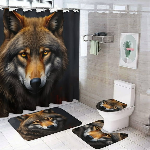 Wolf Portrait Shower Curtain Bathroom Sets Toilet Lid Rug, Bath Mat And Contour Mat, Shower Curtain 4Pcs
