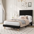 thumbnail image 3 of Twin Bed Frame with Adjustable Headboard, Velvet Upholstered Platform Twin Size Bed Frame, Vertical Channel Tufted, Strong Wooden Slats, No Box Spring Needed, Easy Assembly, Black, 3 of 7