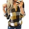 thumbnail image 2 of TIANEK Gold T Shirts for Women Long Sleeve Fall V Neck Women Fall Tops 2023 Fashion Plaid Print Pullover Casual Lightweight Loose Fit Workout Blouses, 2 of 9