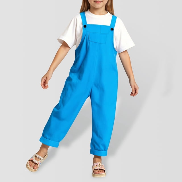 WENXIAOO Tween Girls Jumpsuits Rompers Casual School Romper Light Blue Overalls with Side Pockets Spring Summer Romper Jumpsuits Rompers for Girls 11-12 Years