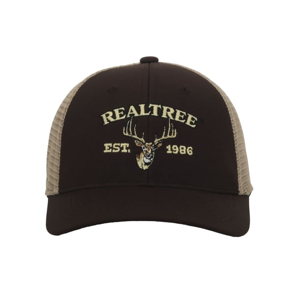 Realtree Structured 6-Panel Trucker Hat – Embroidered Antlers Logo, Expand-A-Band Meshback Cap, Brown/Khaki, One Size