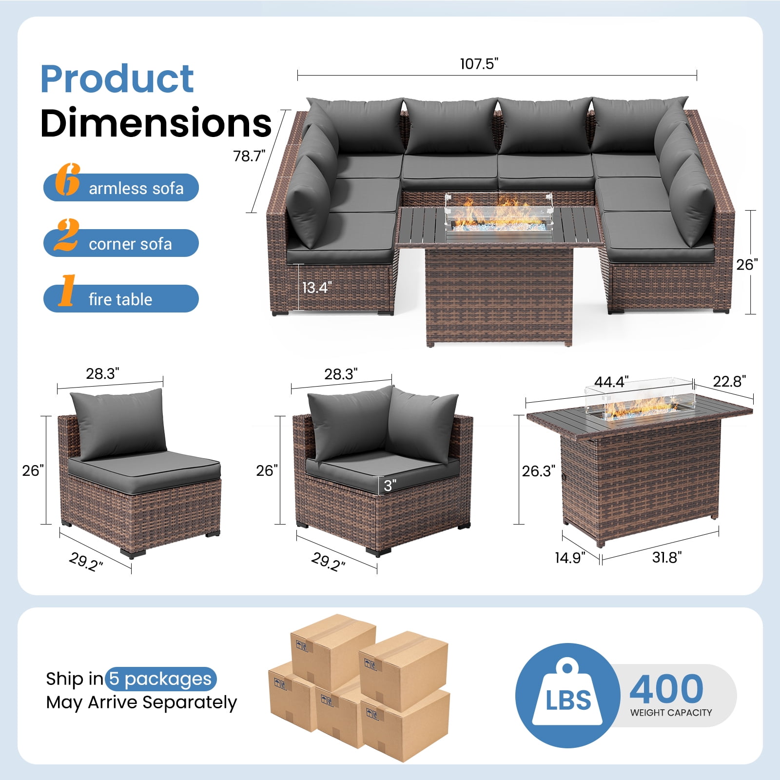 ELPOSUN Patio Furniture Set, Outdoor Patio Furniture Wicker Sectional Furniture Couch Set, 9 Pieces Outdoor Sectional Sofa with Fire Pit Table, Outdoor Patio Set for Outdoor Furniture (Grey)