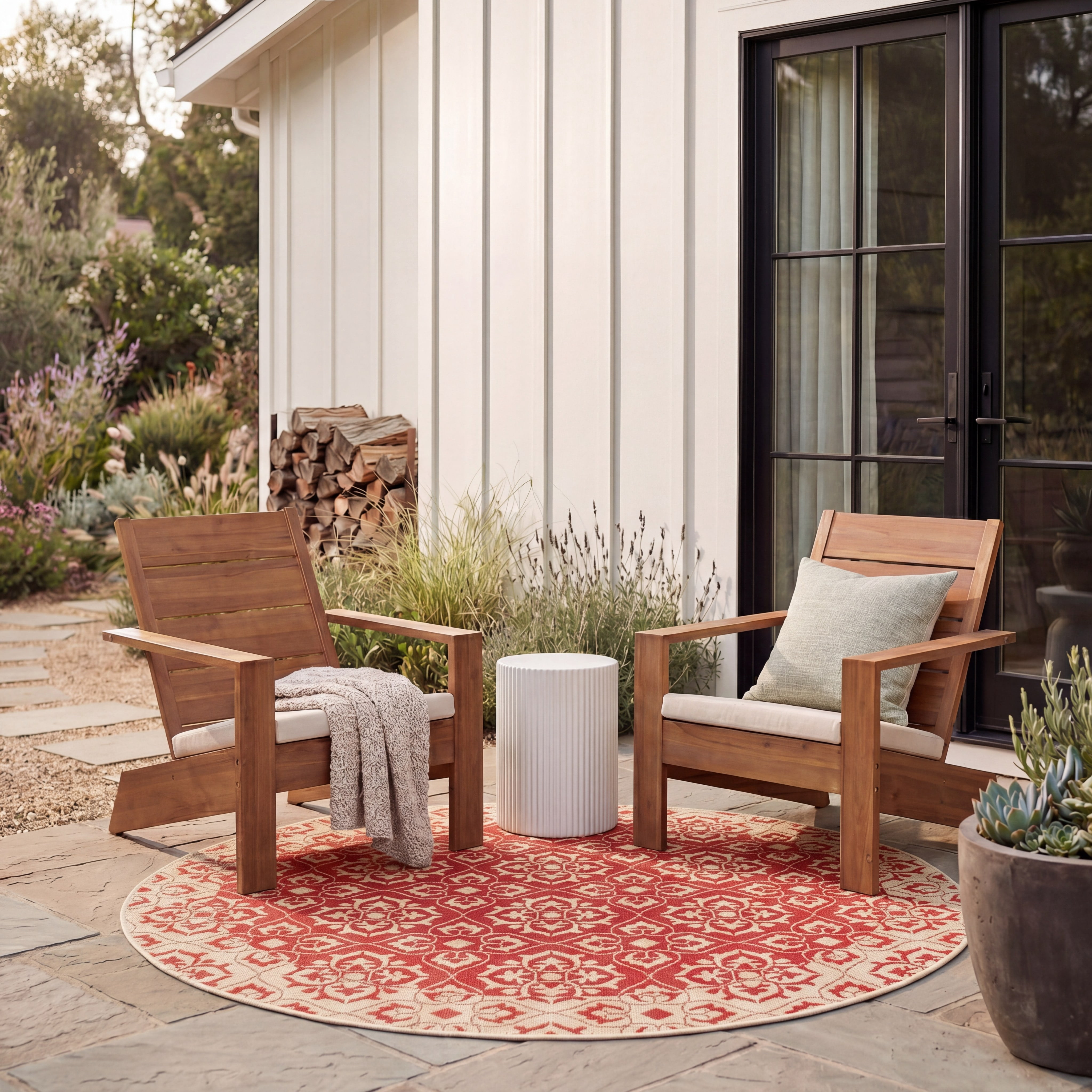 SAFAVIEH Courtyard Austin Geometric Indoor/Outdoor Area Rug, 5'3" x 5'3" Round, Red/Cream