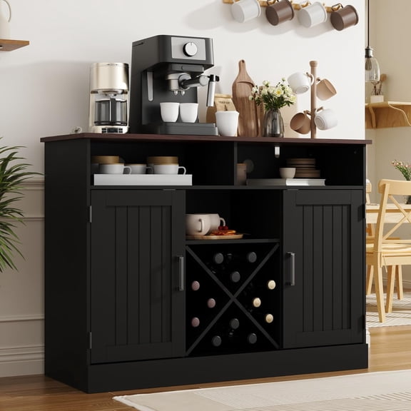 Farmhouse 42.5" Buffet Cabinet with Prower Outlets, Large Sideboard Storage Cabinet with Wine Rack. Wooden Coffee Bar Cabinet for Kitchen, Black