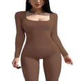 thumbnail image 3 of Women Ribbed Knit Yoga Jumpsuits Square Neck Long Sleeve Bodycon Rompers One-Piece Workout Sports Outfits, 3 of 7