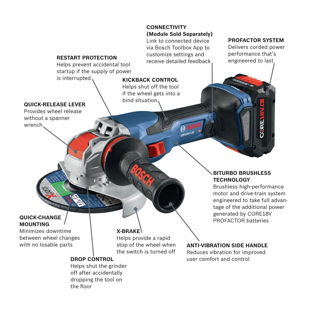 Restored Premium Bosch GWX18V13CB14RT PROFACTOR 18V Spitfire XLOCK ConnectedReady 5 6 in. Cordless Angle Grinder Kit with Slide Switch (8.0 Ah) (Refurbished)