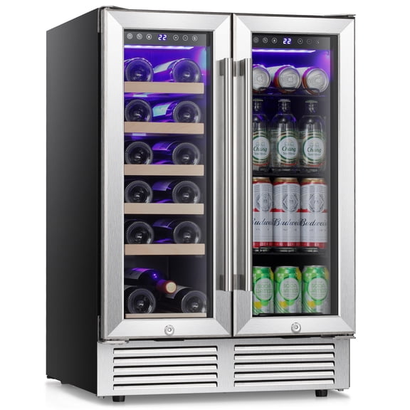 FREE VILLAGE 24 Inch Wine and Beverage Refrigerator,Dual Zone Built-in Wine Cellar,Freestanding Mini Fridge,Clear Glass Door,LED Light,for Beer Soda… wine  cooler