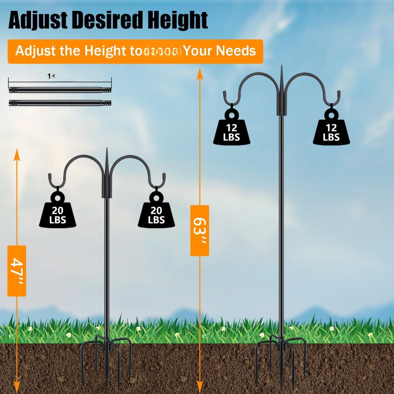 Adjustable Double Shepherds Hook For Outdoor With 5 Prong Base 63 Inch Heavy Duty Two Sided Bird Feeder Pole Hanging Plant Baskets  Solar Light Lanterns Wind Chimes 2 Pack