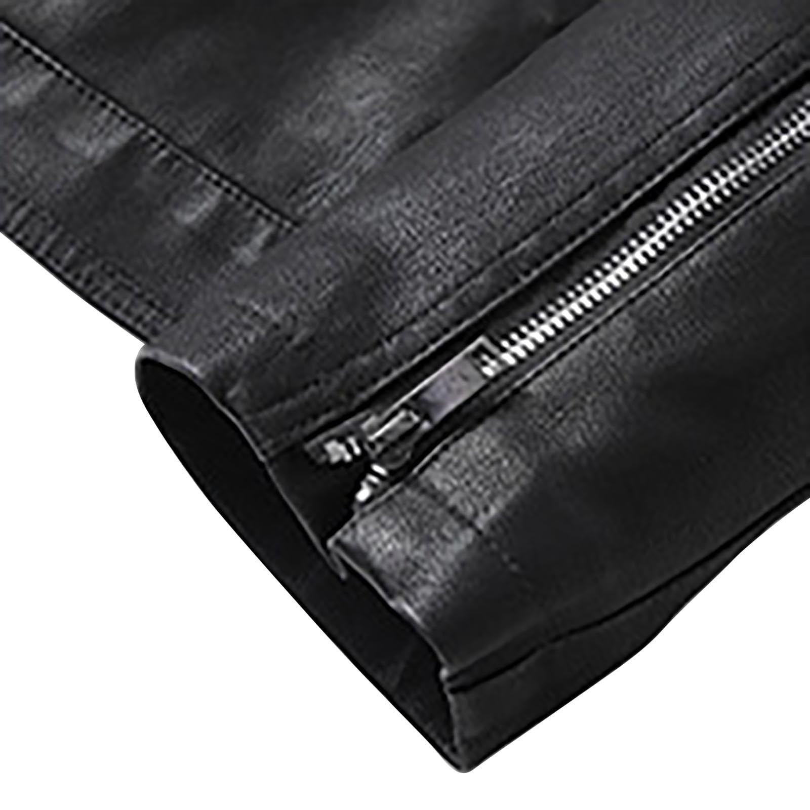 USNSM (M-5XL) Big and Tall Mens Stand Collar Slim Leather Jacket Motorcycle Causal Coat Long Sleeve Hoodless Leather Jackets Black XXXXXL
