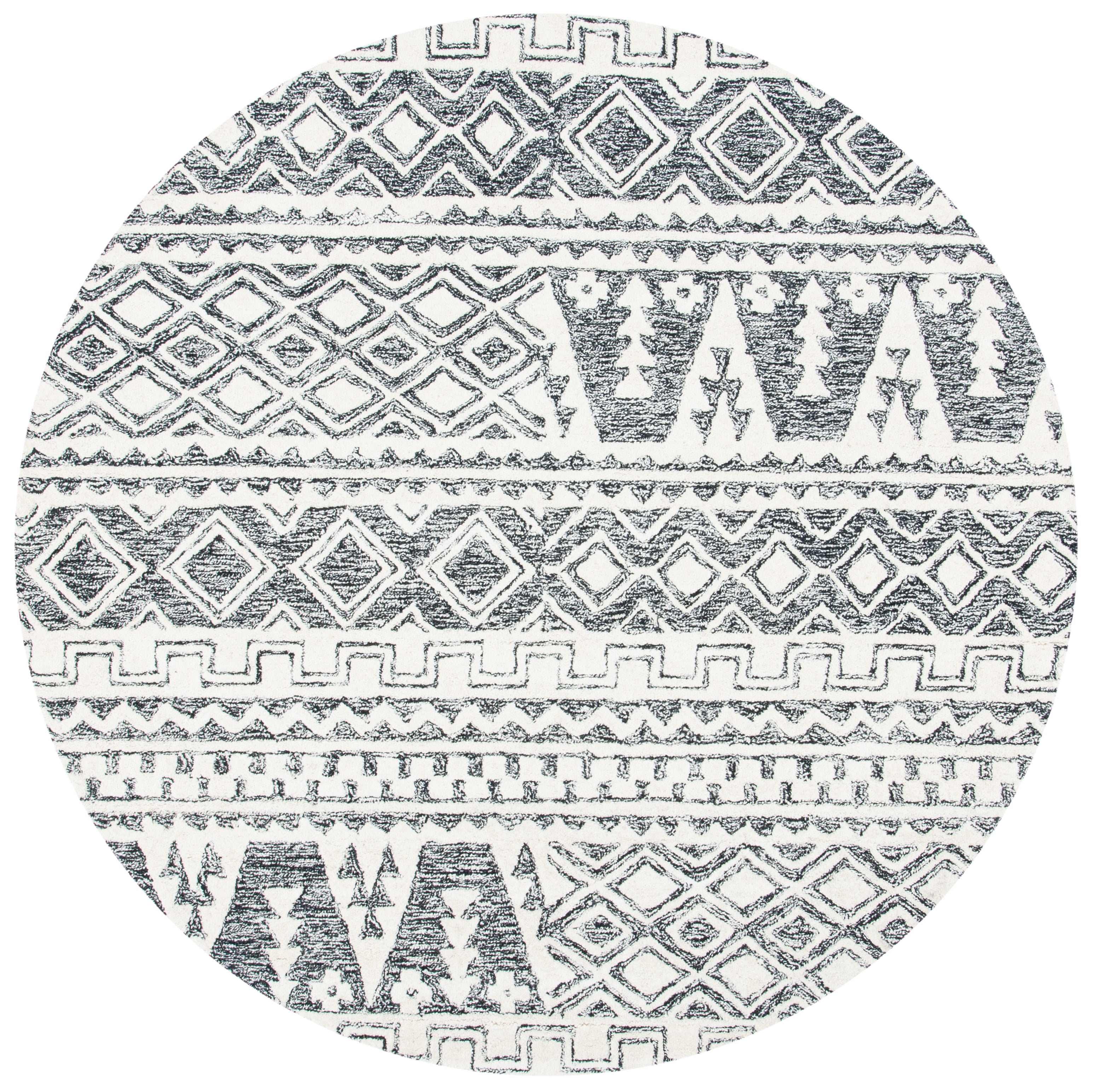 SAFAVIEH Abstract Jacinda Geometric Wool Area Rug, Ivory/Black, 6' x 6' Round