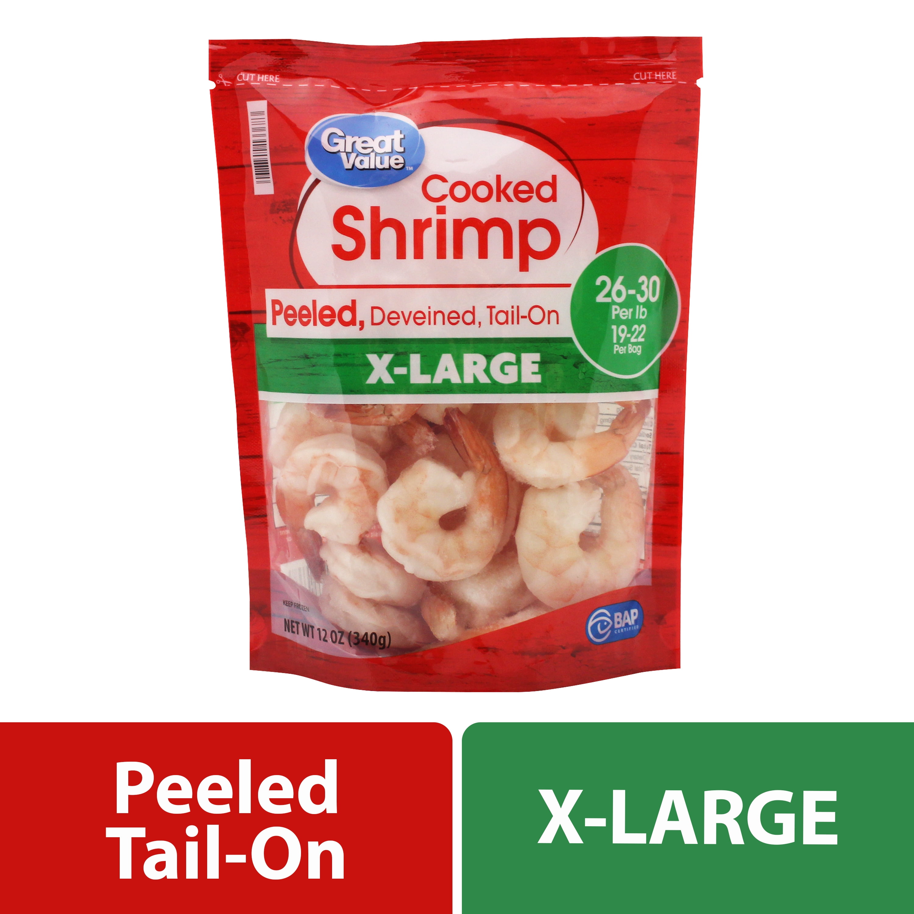 Great Value Frozen Cooked Extra Large Peeled & Deveined, Tail-on Shrimp, 12 oz (26-30 Count per lb)