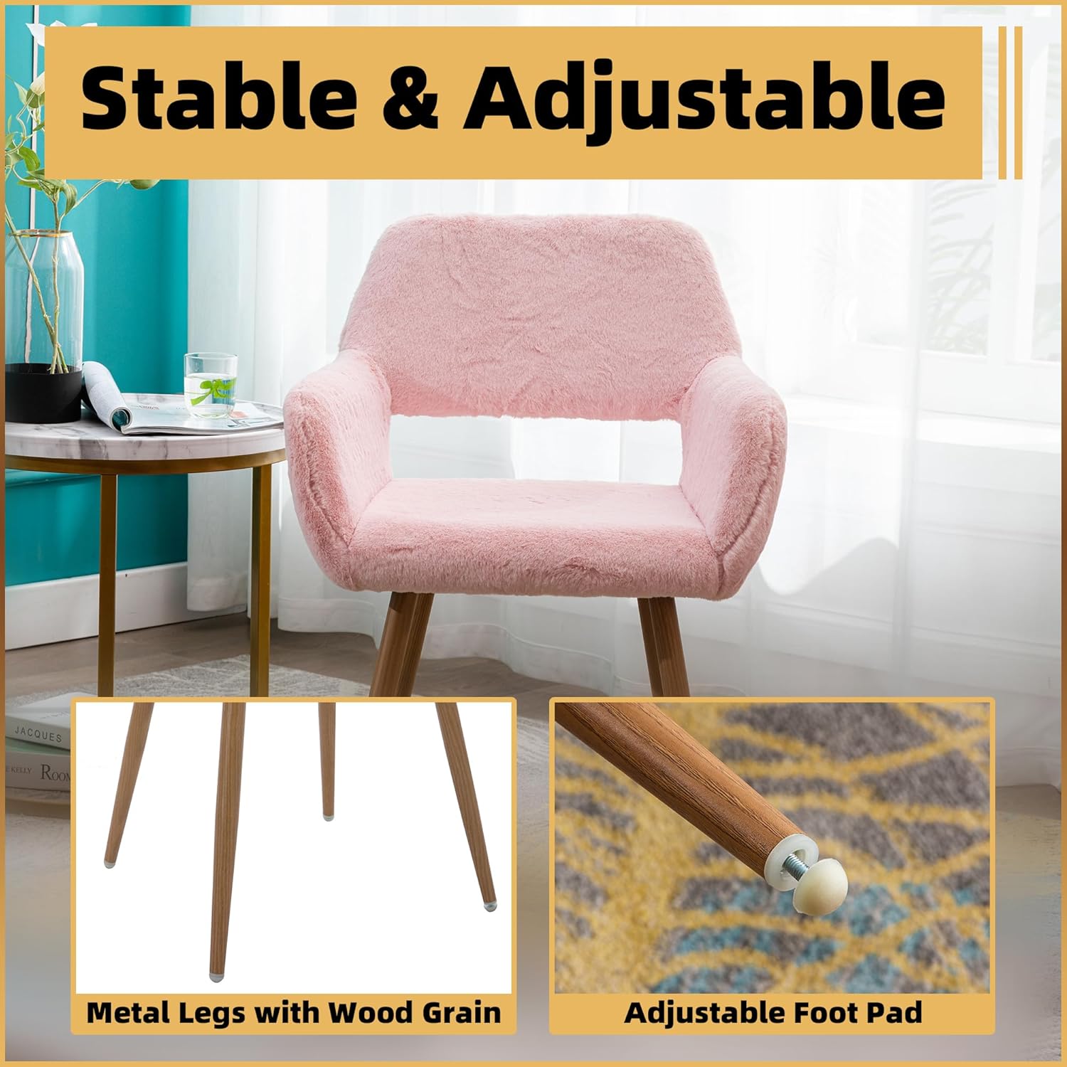CRXX Desk Chair, Modern Home Office Chair Without Wheels, Faux Fur Vanity Chair with Hollow Backrest, Comfy Armchair Wood Frame with Strudy Metal Legs, Pink