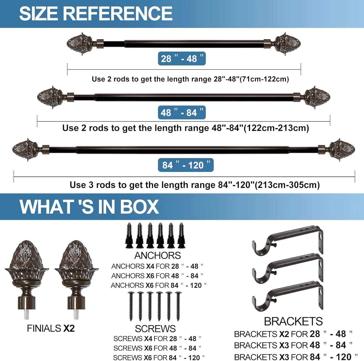 Urbanest Adjustable Single Curtain Rod Set With Artichoke Finials – 5/8-Inch Diameter, Bronze, 28–48 Inches