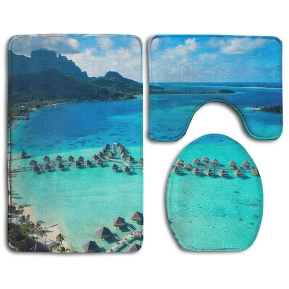 EREHome Le Moana Resort Bora Bora 3 Piece Bathroom Rugs Set Bath Rug Contour Mat and Toilet Lid Cover