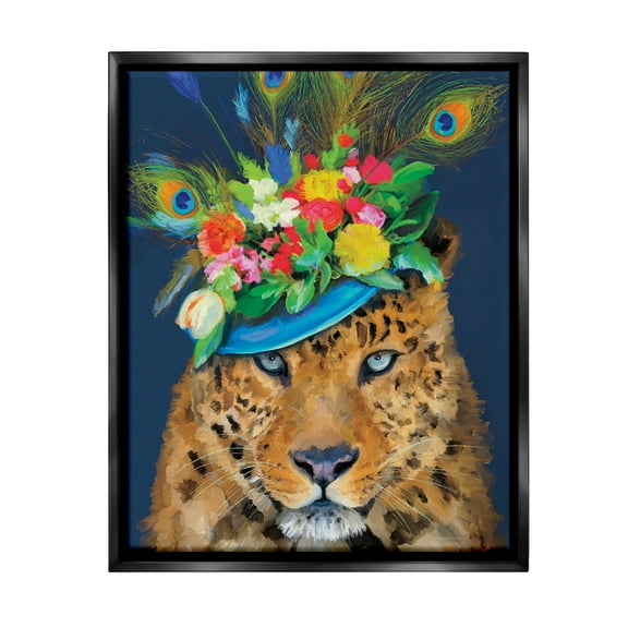 Stupell Industries Cheetah with Feather Hat Animals & Insects Painting Black Floater Framed Canvas Art Print Wall Art, 17 x 21