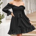 thumbnail image 4 of IROINNID Long Sleeve Dress for Women Solid Spring and Summer Long Sleeve Belt Waist Ruffle Sleeve Round Neck Dress,Black, 4 of 8