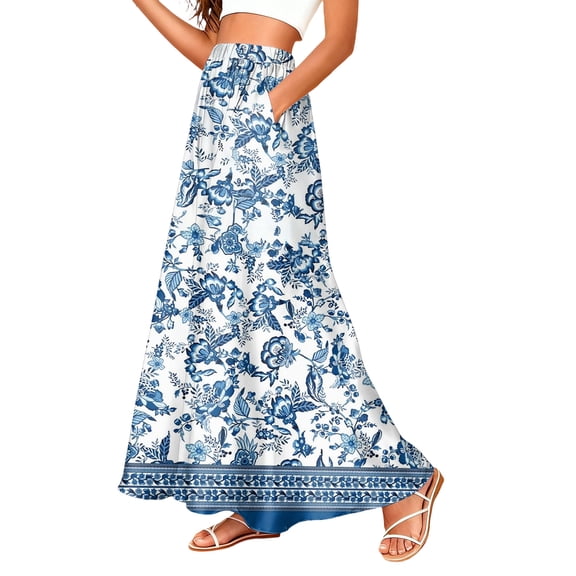 LWavelet Women Abstract Camo Print Maxi Skirt Elastic Waist With Pockets Casual Long Skirt Sky Blue M