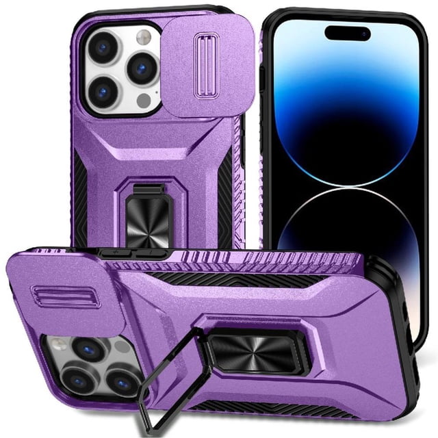 Heavy Duty Armor Case for iPhone 14 Pro with Slide Camera Cover & Magnetic Ring Stand Purple