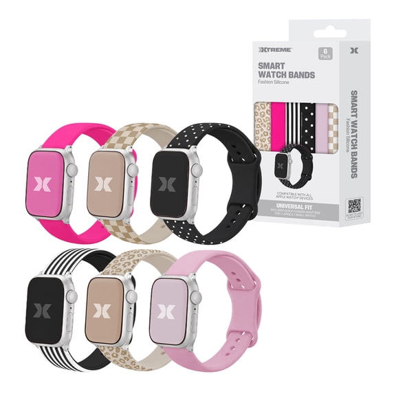 Xtreme 6-Pack Fashion Silicone Bands for Apple Watch Series 1-10 and Ultra 2, Waterproof Adjustable Smart Watch Bands, Assorted Colors and Prints