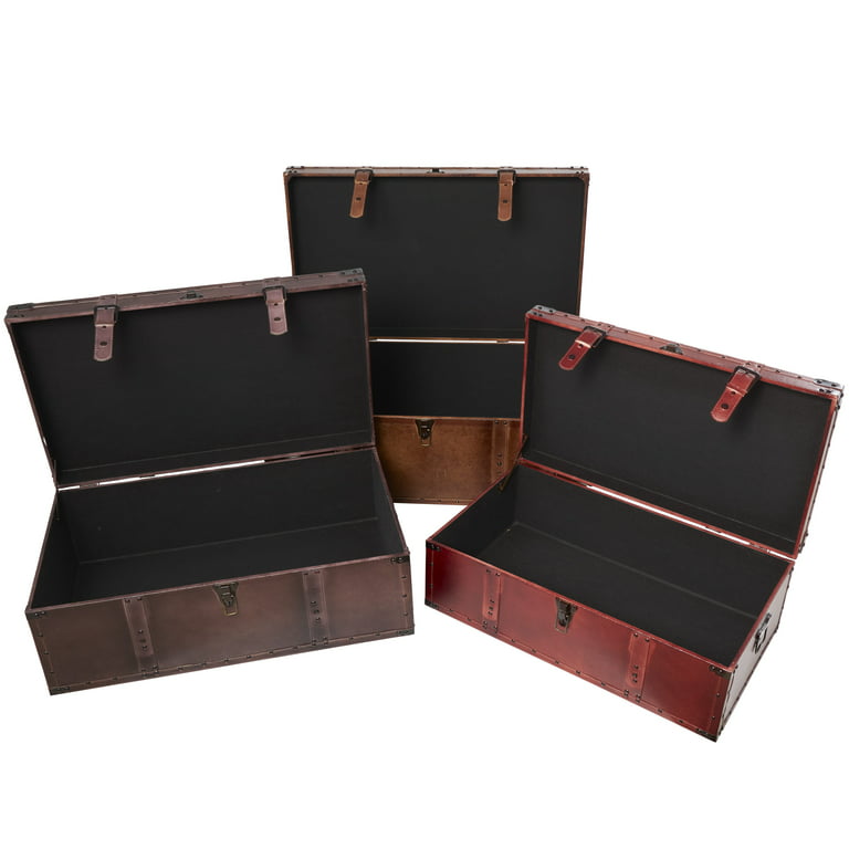 Set Of 3 Traditional Faux Leather And Wood Storage Case Trunks