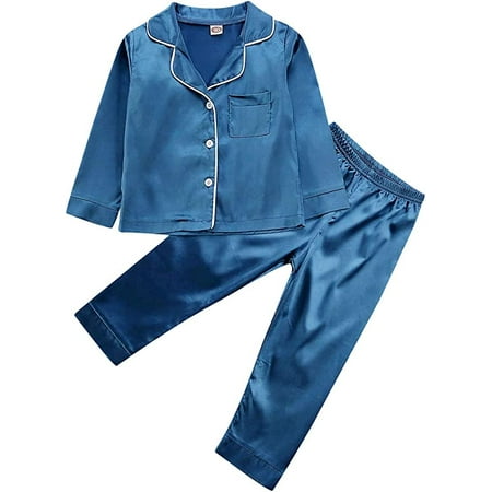 

DOUBFIVSY Toddler Baby Girl Satin Silk Pajamas Set 2 Piece Long Sleve Collared Button Down Shirts and Pants Casual Loungwear Sleepwear PJs for Kids