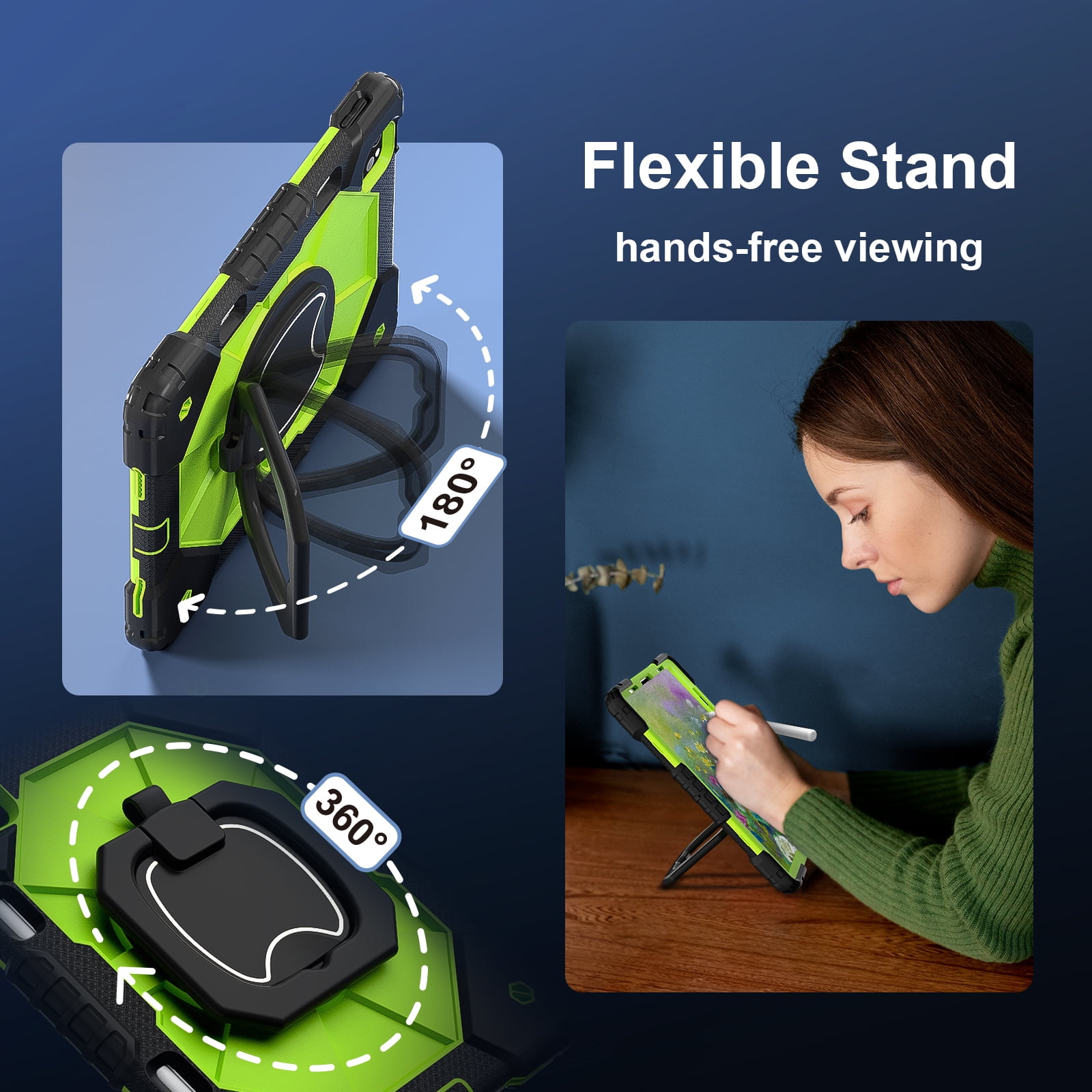 Dteck with Pencil Holder Case for iPad Pro 11-inch 4th 3rd 2nd 1st Gen,iPad Air 5th/4th Generation Heavy Duty Silicone Case 360 Degree Rotating Handle Stand Cover with Shoulder Strap,Black+Green