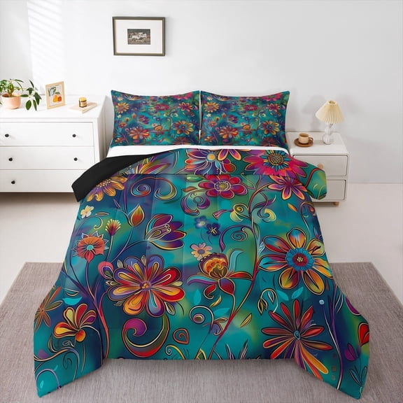 Erosebridal Retro Boho Floral Bedding Sets Twin with Comforter,Rainbow Botanical Duvet Insert,Gradient Blue Pink Comforter Sets Twin Size,Microfiber Room Decoration Reversible,2pcs