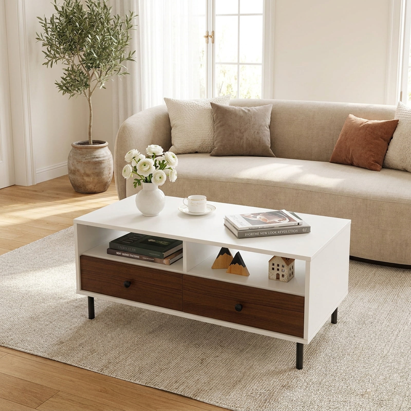 Furnibear 2 Tier 40 Inch Modern Rectangle Coffee Table with Storage Shelf and Two Drawers for Living Room Bedroom and Study, White