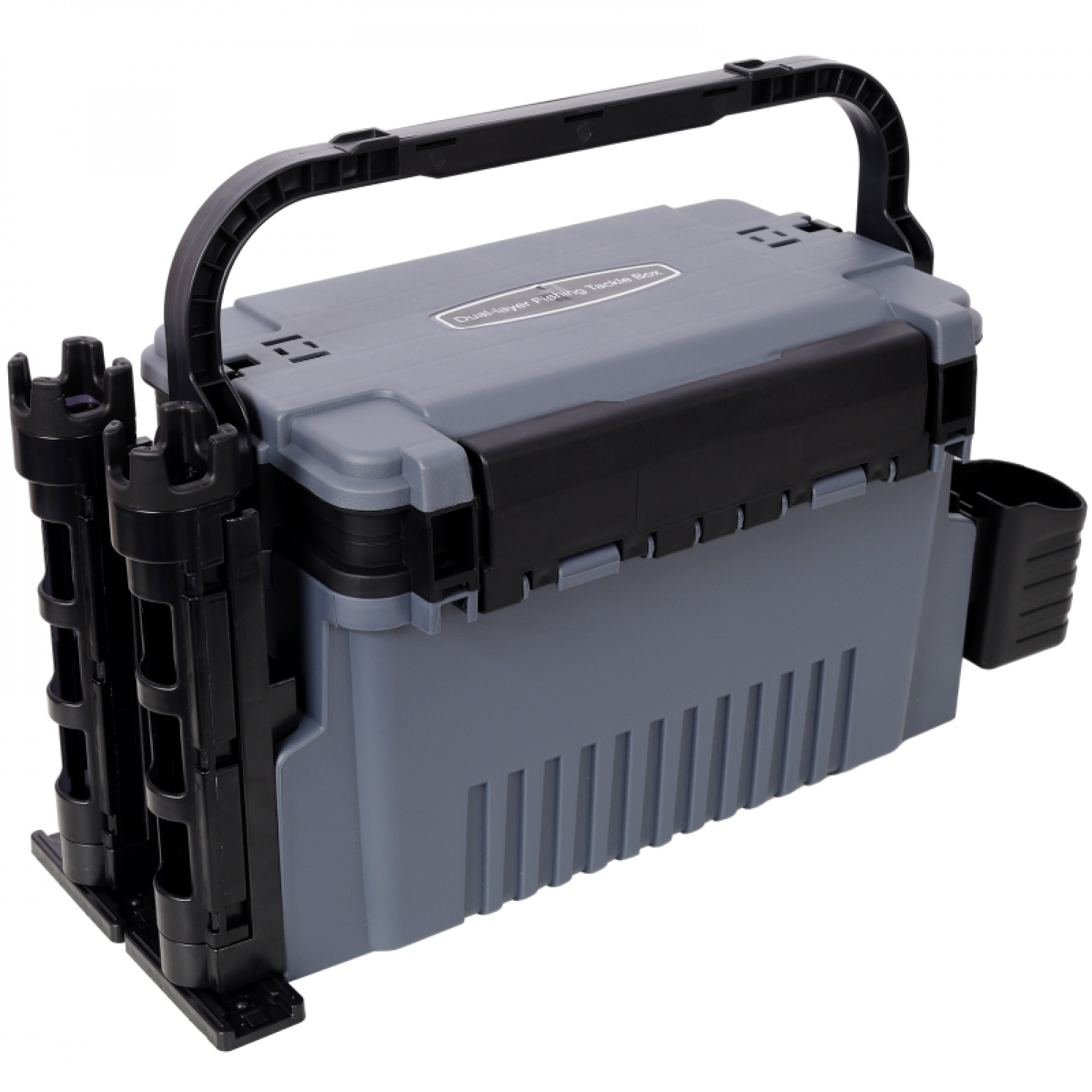 Dual-layer Fishing Tackle Box,Tackle Box Organizer Fishing Box Large,With 2pcs Rod Holder,2pcs Cup Holder,1pc Carring Strap,Gray