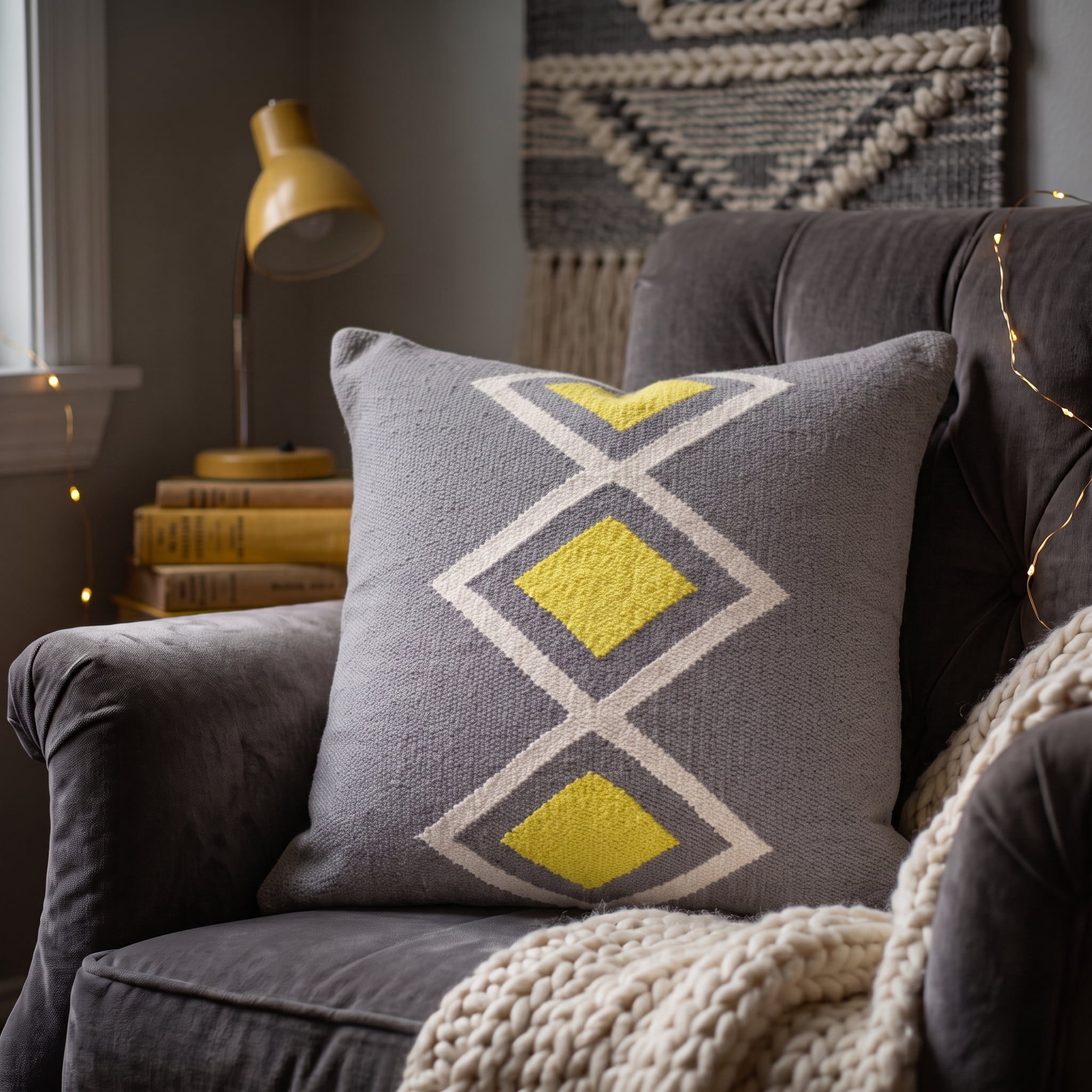 Harlow Hill Gray/White/Yellow Striped Contemporary Cotton Throw Pillow Cover, 20" x 20"