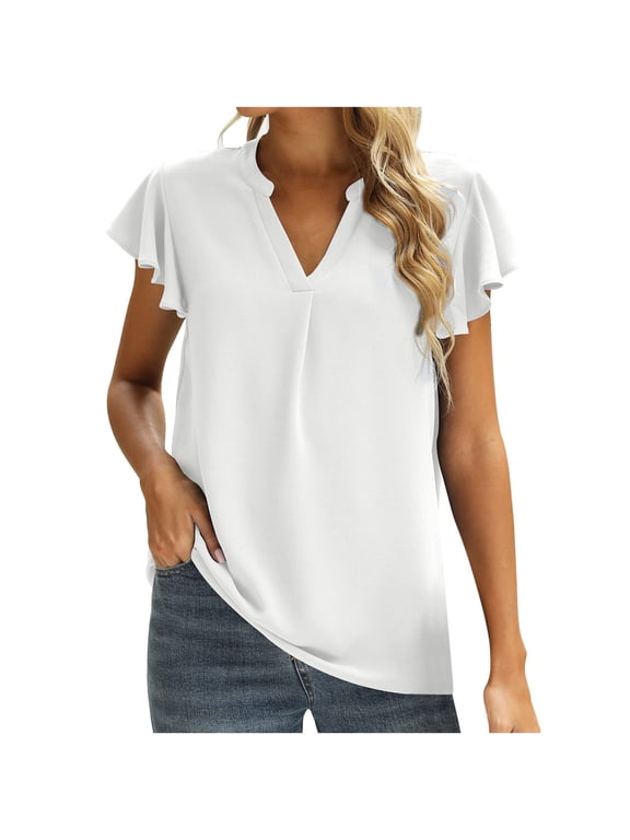 ZyeKqe Business Casual Tops Cap Ruffle Sleeve Work Shirts V Neck Loose Fitted Office Blouses Top